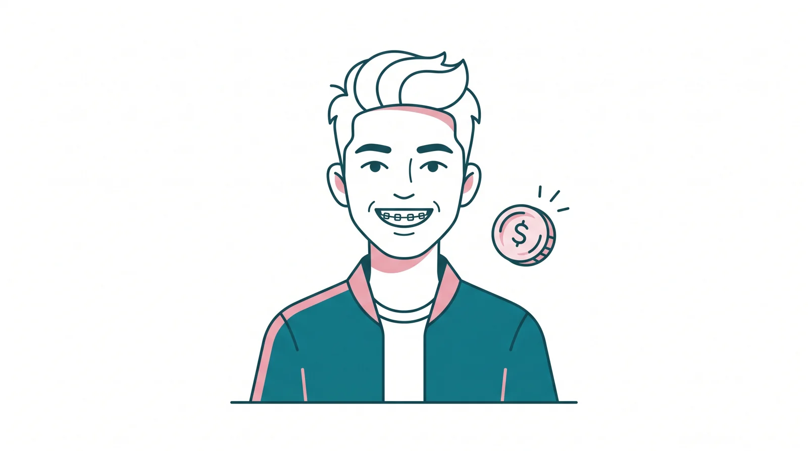 Illustration of a smiling Malaysian teenager with dental braces beside a coin, representing the cost of braces in Kota Kinabalu
