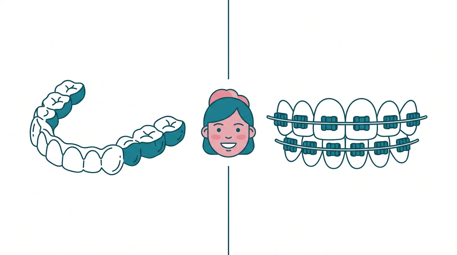Illustration comparing a clear Invisalign aligner with metal braces, with a smiling Malaysian face in the middle