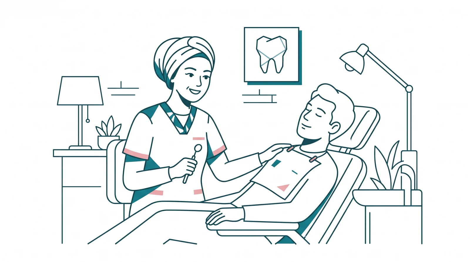 Illustration of a Malaysian dentist gently reassuring a calm patient in a dental chair, representing wisdom tooth removal