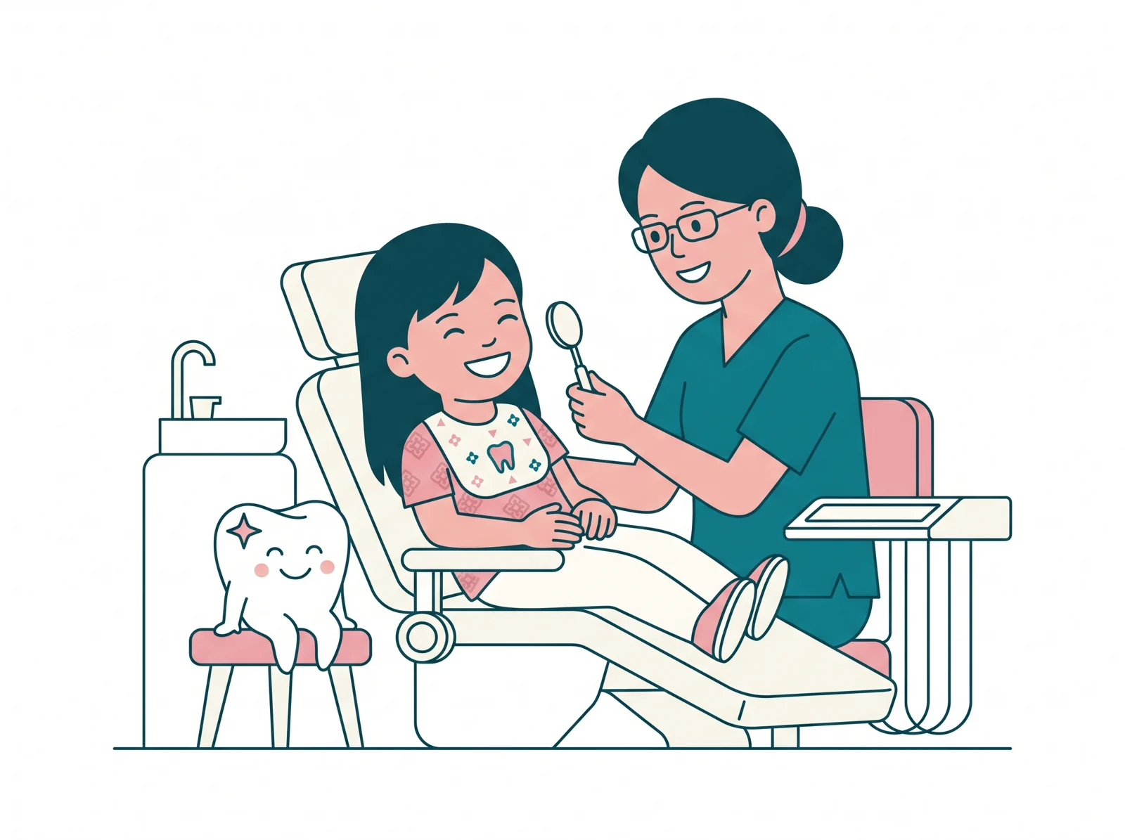 Illustration of a happy Malaysian child having a friendly dental check-up at FTS Chin Dental in Likas, Kota Kinabalu