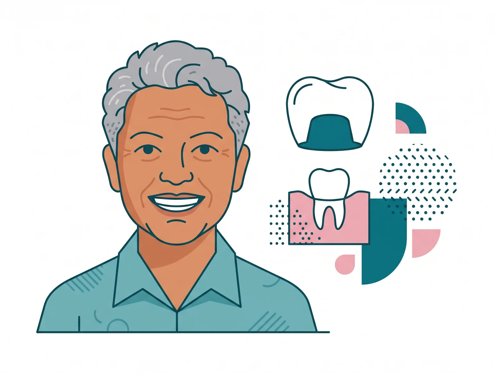 Illustration of a Malaysian adult with a restored, complete smile after crowns, bridges or dentures at FTS Chin Dental in Likas, Kota Kinabalu