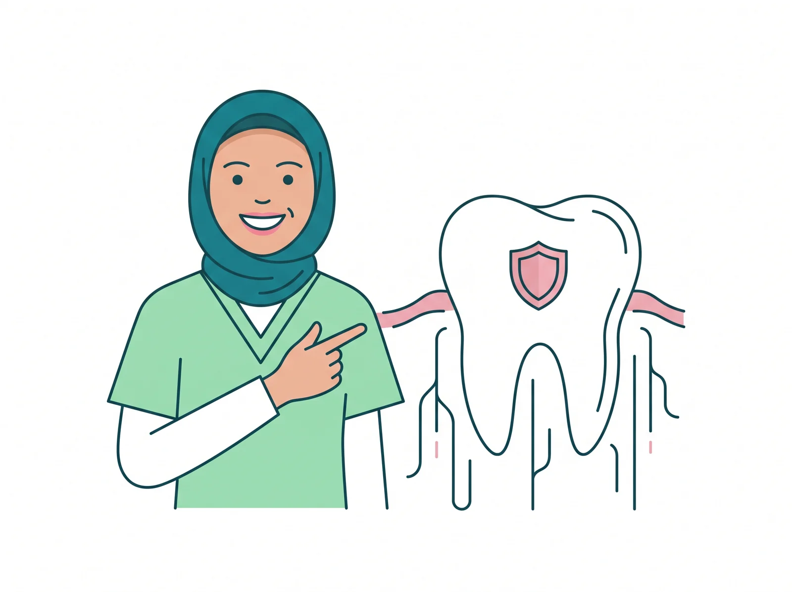 Illustration of a Malaysian dentist and a healthy repaired tooth, representing fillings and root canal care at FTS Chin Dental in Likas, Kota Kinabalu
