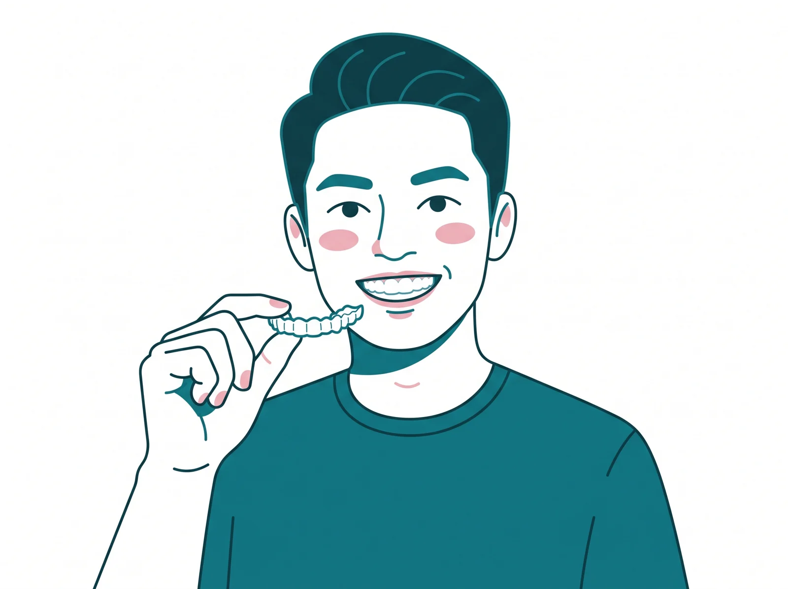Illustration of a Malaysian adult holding a clear Invisalign aligner at FTS Chin Dental in Likas, Kota Kinabalu